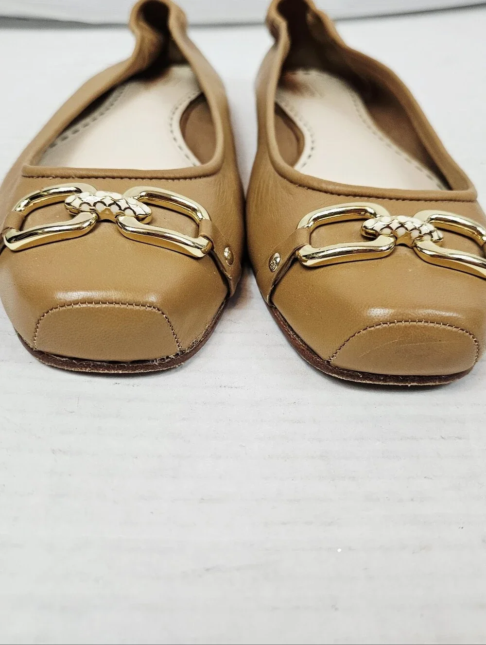 Coach Tan Leather Ballet Flats with Gold-Tone Hardware
